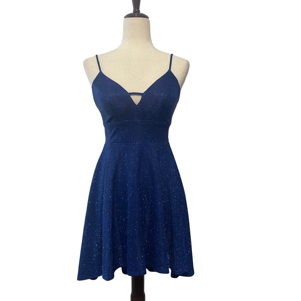 City Studio Glitter Mini Dress High Low Lace Back Junior’s Size 1/2 Cobalt Blue